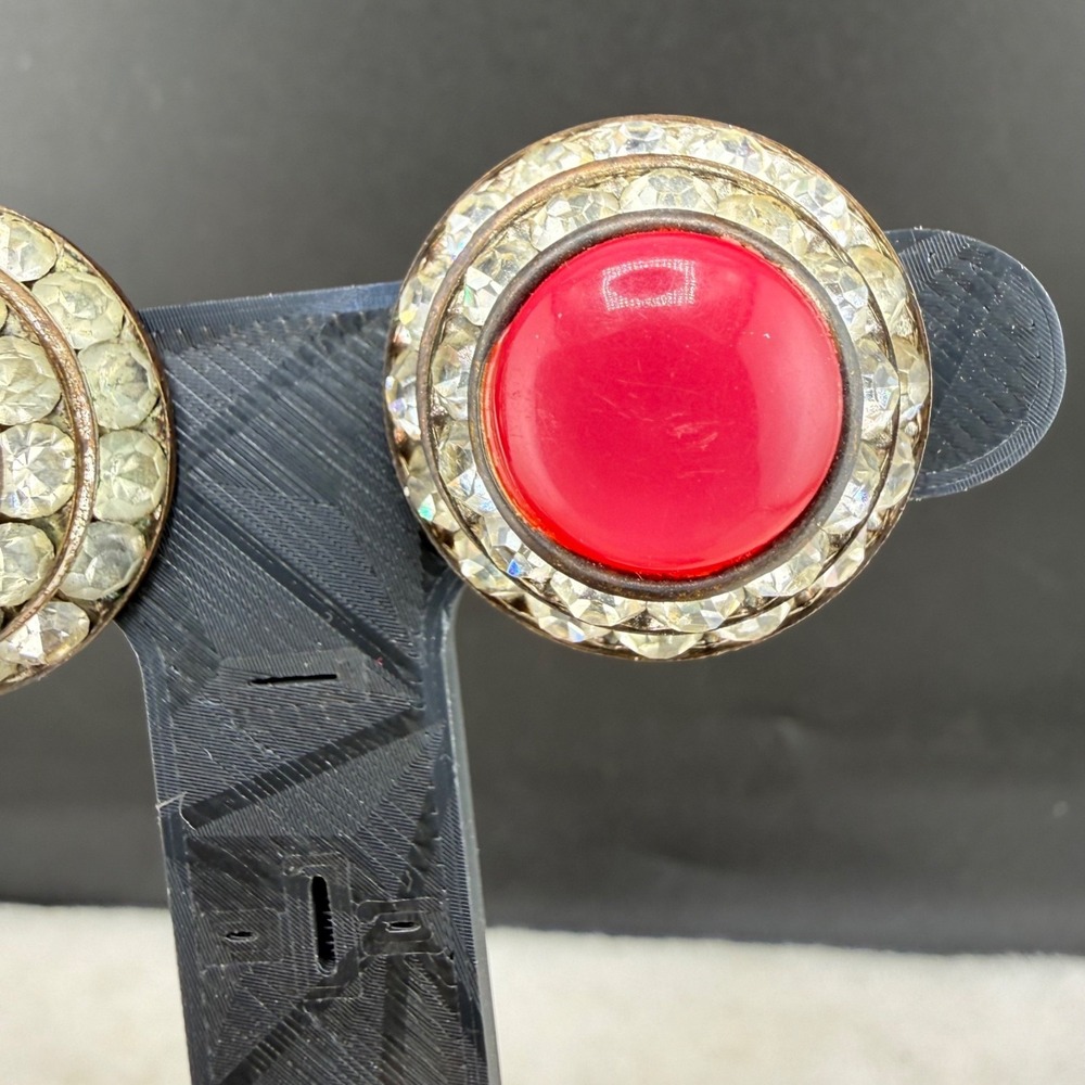 Vintage Lisner Rhinestone Clip On Earrings Moon Glow Thermoset Silver Tone Dome - Picture 6 of 12